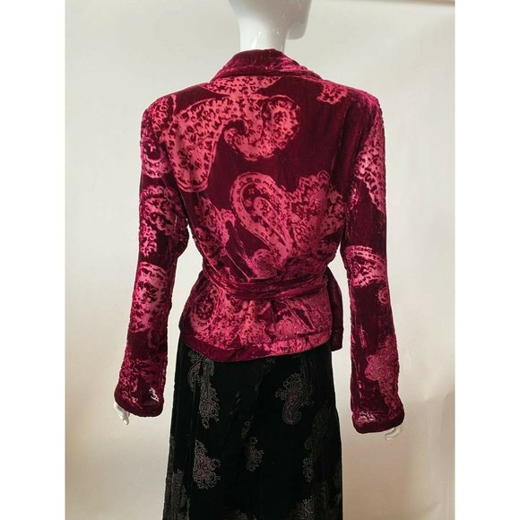 Ice Womens Velvet Wrap Jacket Red Paisley Long Sleeve Tie Collared M - Picture 2 of 12